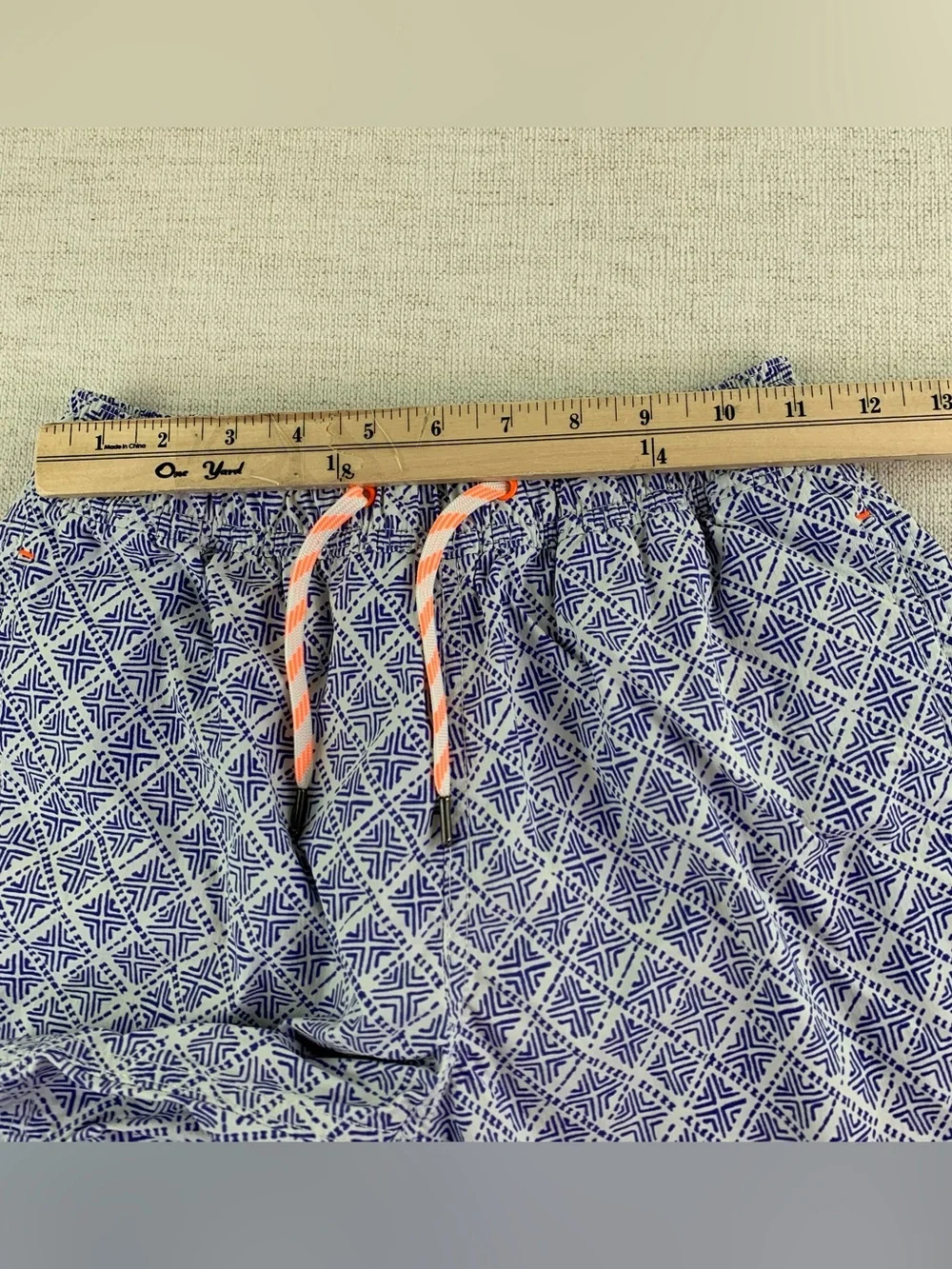 Crewcuts Blue Geometric Swim Trunks with Coral Drawstring